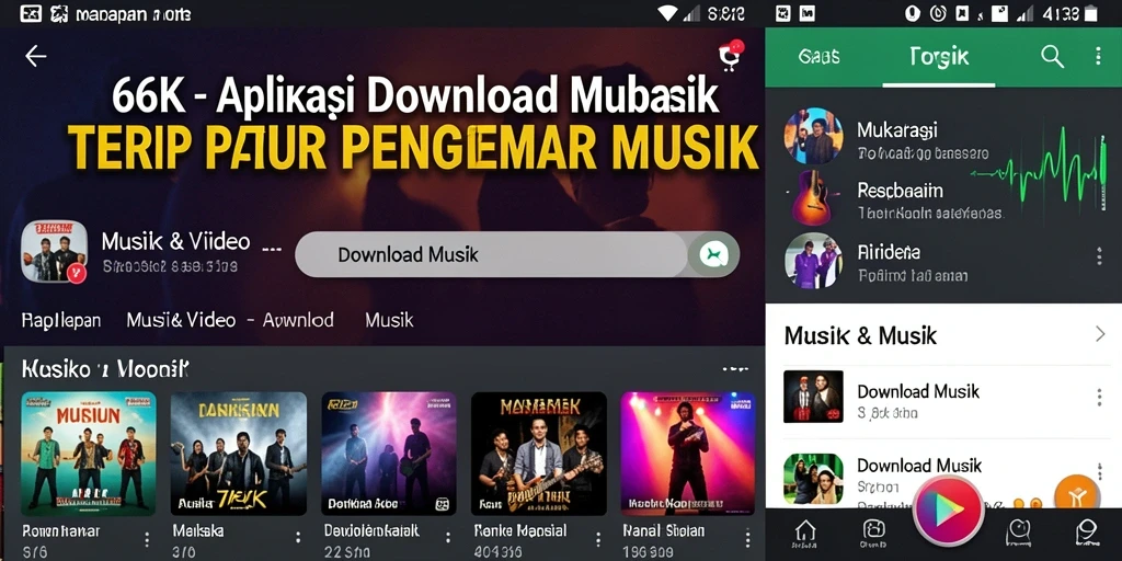 Antarmuka aplikasi 66K dengan pilihan lagu Download Musik.