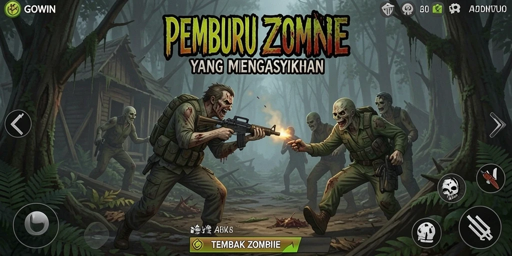 Tampilan antarmuka GOWIN saat menghadapi zombie dengan senjata.