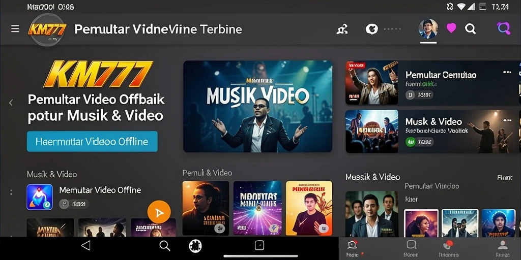 Tampilan antarmuka KM777 yang sederhana dan menarik untuk Pemutar Video Offline.