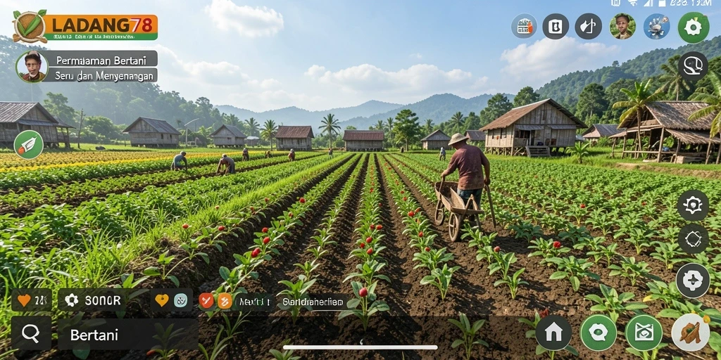 Antarmuka LADANG78 menampilkan ladang hijau yang subur dan berbagai tanaman.